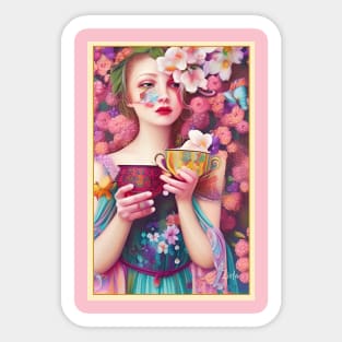 Enchanting and dreamy Flower girl drink Tea Sticker